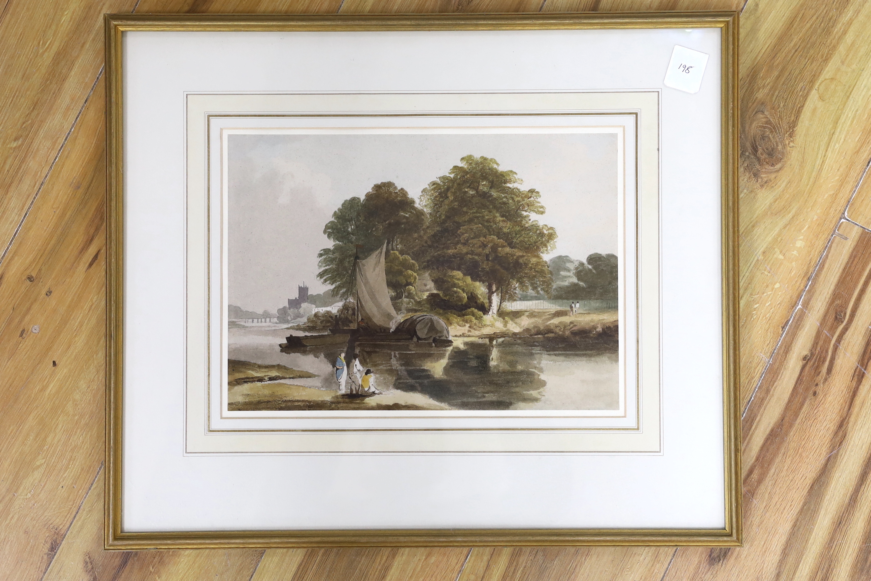 Alfred Nicholson (1788-1833), watercolour, Barges on the Thames, unsigned, inscribed verso Kingston Bridge, 24 x 33cm